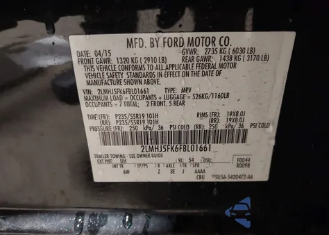 2015 Lincoln Mkt z USA, uszkodzony, nr VIN 2LMHJ5FK6FBL01661